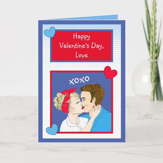 Retro Couple Kissing xoxo Valentines Day Card (Front)