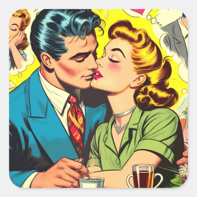 Retro Couple Love Comics Square Sticker (Front)