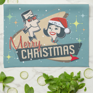 Retro Couple Merry Christmas Vintage Holiday Kitch Tea Towel