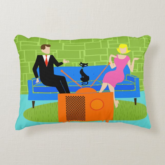 Retro Couple with Cat Accent Pillow (Front)
