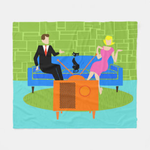 Retro Couple with Cat Fleece Blanket