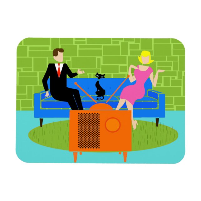 Retro Couple with Cat Flexible Magnet (Horizontal)
