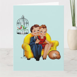 RETRO COUPLE with cat HAPPY ANNIVERSARY CARDS