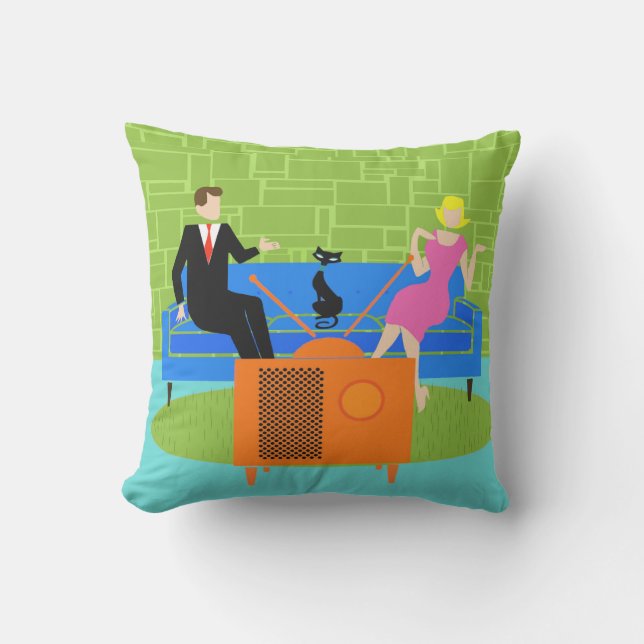 Retro Couple with Cat Outdoor Pillow (Front)