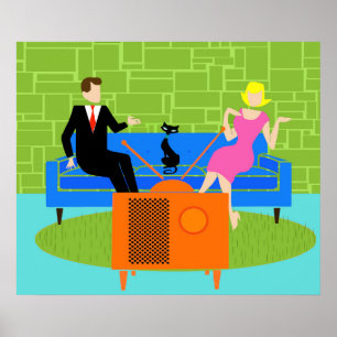 Retro Couple with Cat Poster
