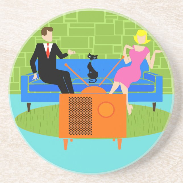 Retro Couple with Cat Sandstone Coaster (Front)