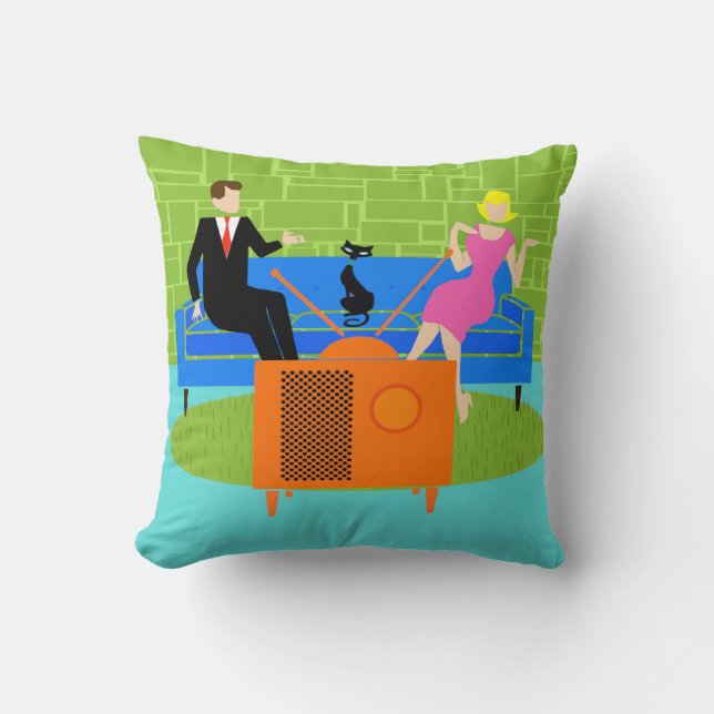 Retro Couple with Cat Throw Pillow (Front)