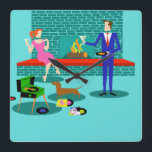 Retro Couple with Dog Acrylic Wall Clock<br><div class="desc">This Retro Couple with Dog Acrylic Wall Clock looks like a scene out of a romantic comedy. The 1960s's style, minimalist art design features an attractive couple enjoying a romantic evening at home. The sophisticated room prominently features an aqua and teal brick fireplace with a bright red ledge. A beautiful,...</div>