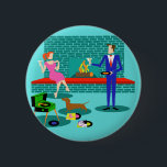 Retro Couple with Dog Button<br><div class="desc">This Retro Couple with Dog Button looks like a scene out of a romantic comedy. The 1960s's style, minimalist art design features an attractive couple enjoying a romantic evening at home. The sophisticated room prominently features an aqua and teal brick fireplace with a bright red ledge. A beautiful, redhead woman...</div>