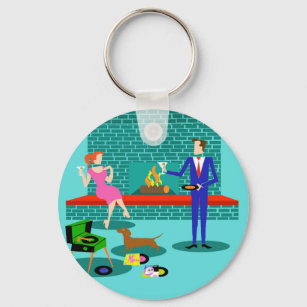 Retro Couple with Dog Button Keychain