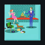Retro Couple with Dog Magnet<br><div class="desc">This Retro Couple with Dog Magnet looks like a scene out of a romantic comedy. The 1960s's style, minimalist art design features an attractive couple enjoying a romantic evening at home. The sophisticated room prominently features an aqua and teal brick fireplace with a bright red ledge. A beautiful, redhead woman...</div>