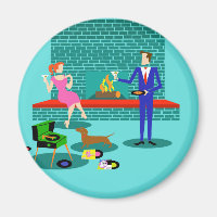 Retro Couple with Dog Round Magnet