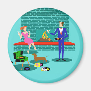 Retro Couple with Dog Round Magnet