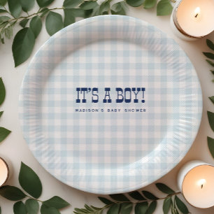 Retro Cowboy Blue Gingham Boy Baby Shower Plates