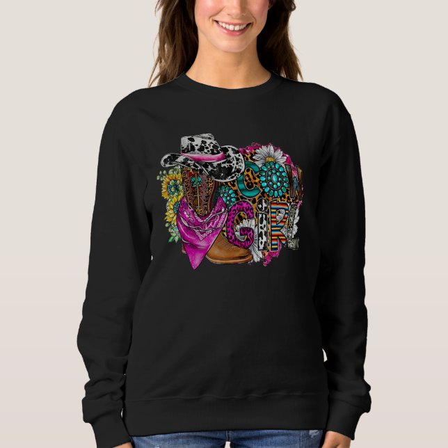 Retro Cowgirl Boots Hat Sunflower Turquoise Wester Sweatshirt (Front)