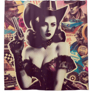 Retro Cowgirl Collage Shower Curtain