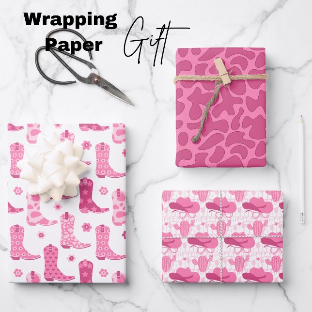 Retro Cowgirl Pink  Wrapping Paper Sheet (Cowgirl wrapping paper sheets, cowgirl boots, hat, sunglasses, cacti, pink)