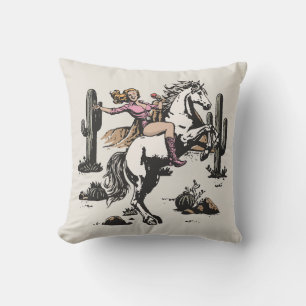 Retro Cowgirl Riding Horse Throw Pillow