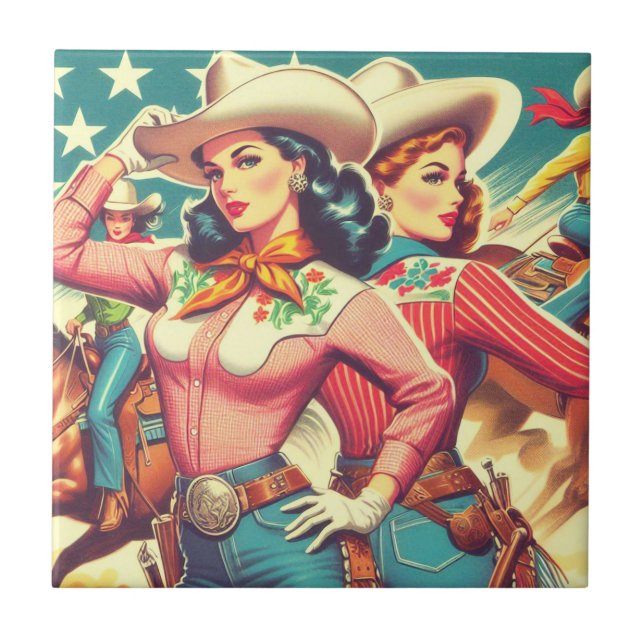 Retro Cowgirls Pin-ups Ceramic Tile (Front)