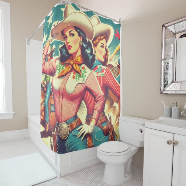 Retro Cowgirls Pin-ups Shower Curtain (In Situ)