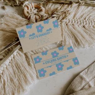 Retro Cream Blue Groovy Floral Boho Unique 70s Business Card