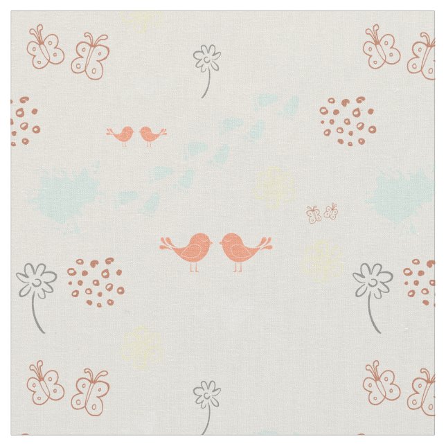Retro cream colourful pattern of birds, dots, foot fabric (Close Up)