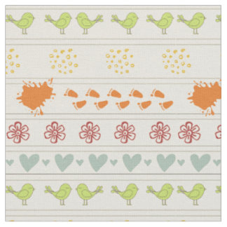 Retro cream offwhite pattern of birds, dots, foots fabric