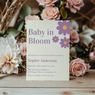 Retro Cream & Purple Floral Minimalist Baby Shower Invitation