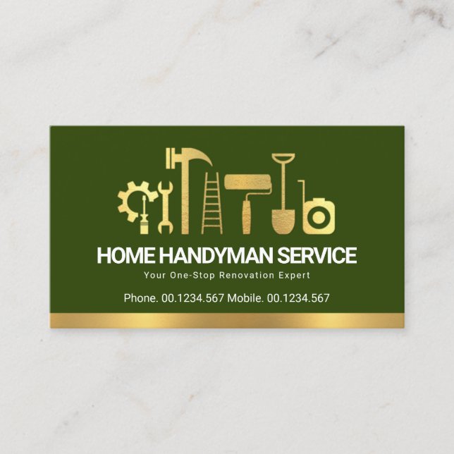 Retro Creative Gold Handyman Tools Contractor Business Card (Front)