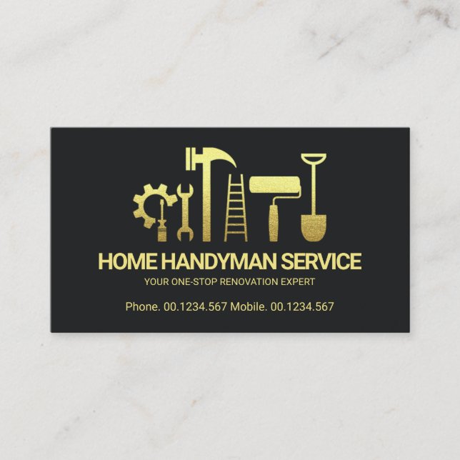 Retro Creative Gold Handyman Tools Motif Builder Business Card (Front)