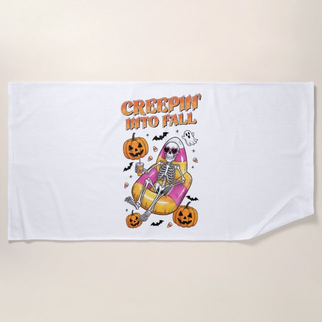Retro Creepin into Fall Halloween Beach Towel (Front)