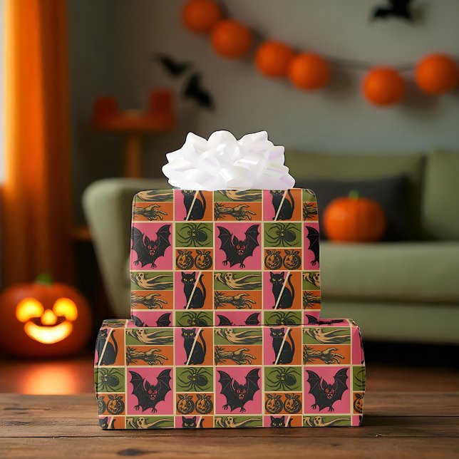 Retro Creeps Wrapping Paper (Retro Halloween gift wrap with bats, cats, pumpkins, and spooky icons.)