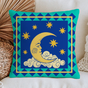 Retro Crescent Moon Face Mystical Blue Celestial  Cushion