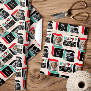 Retro Cube Modern Photo Birthday 65th Red Green Wrapping Paper