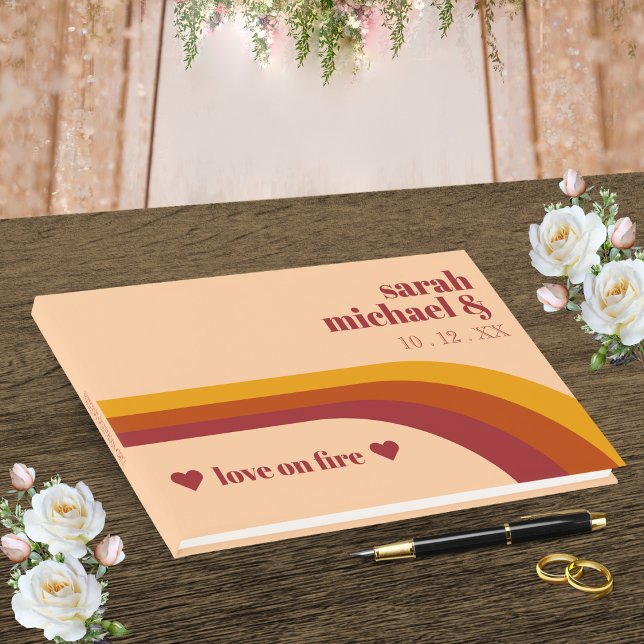 Retro Curved Stripe Love on Fire Wedding Favour Guest Book (Retro Curved Stripe Love on Fire Wedding Favor Guest Book)