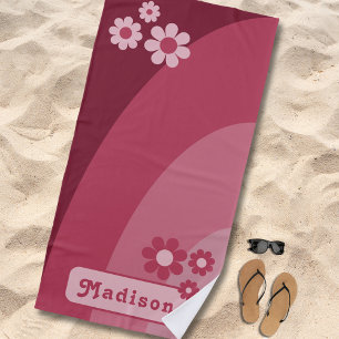 Retro Curves Groovy Floral Name Pink Beach Towel