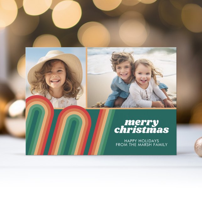 Retro Curvy Line Art - 2 Photo - Merry Christmas Holiday Card (Retro Curvy Line Art - Christmas Card with 2 Photos)