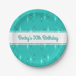 Retro Custom Birthday Party Turquoise Paper Plate