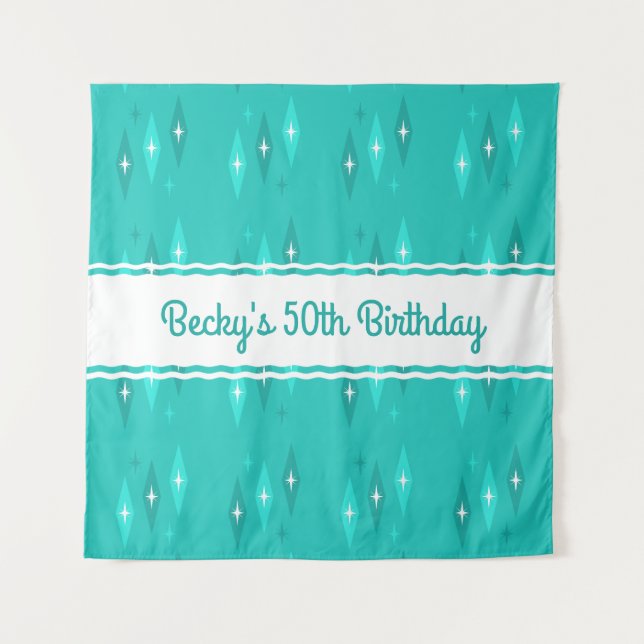 Retro Custom Birthday Party Turquoise Tapestry (Front)