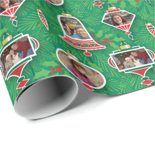 Retro Custom Photo Christmas Ornaments Red Green Wrapping Paper
