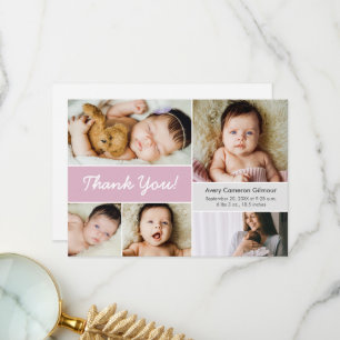 Retro Custom Photo Collage Baby Girl Birth Thank You Card