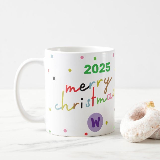 retro CUSTOM TEXT polka dot MERRY CHRISTMAS Coffee Mug (With Donut)