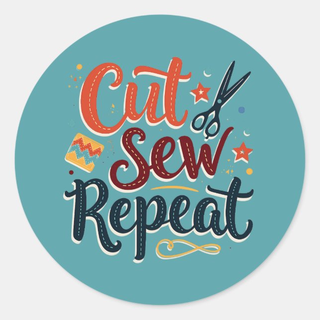 Retro "Cut Sew Repeat" Sewing Lover Design Classic Round Sticker (Front)