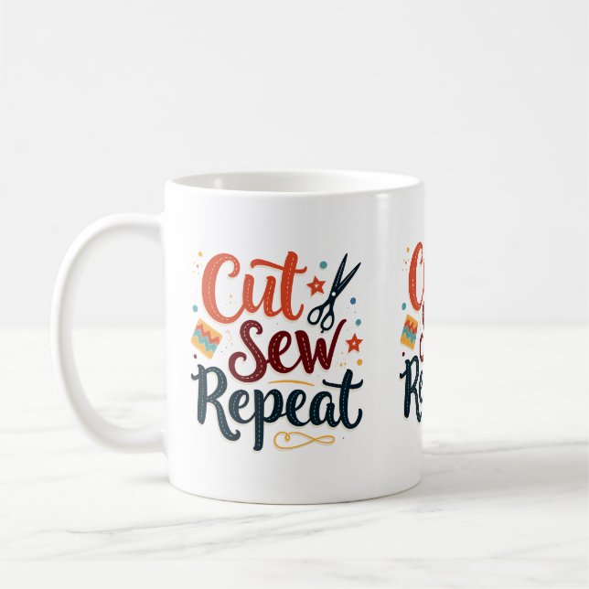 Retro "Cut Sew Repeat" Sewing Lover Design Coffee Mug (Left)