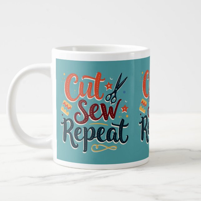 Retro "Cut Sew Repeat" Sewing Lover Design Large Coffee Mug (Left)