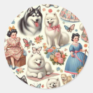 Retro Cute American Eskimo Seamless Classic Round Sticker