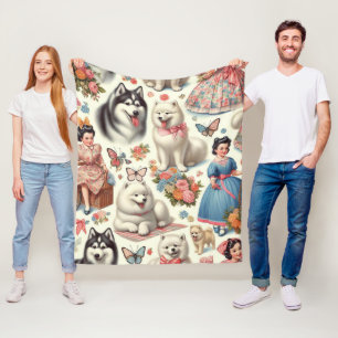 Retro Cute American Eskimo Seamless Fleece Blanket