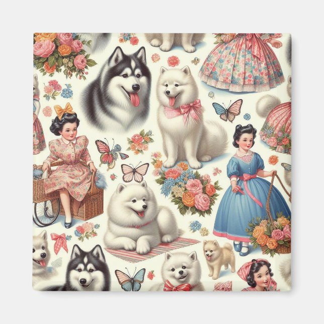 Retro Cute American Eskimo Seamless Magnet (Front)