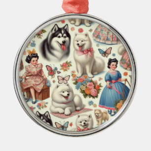 Retro Cute American Eskimo Seamless Metal Ornament