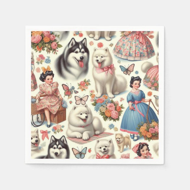 Retro Cute American Eskimo Seamless Napkin (Front)
